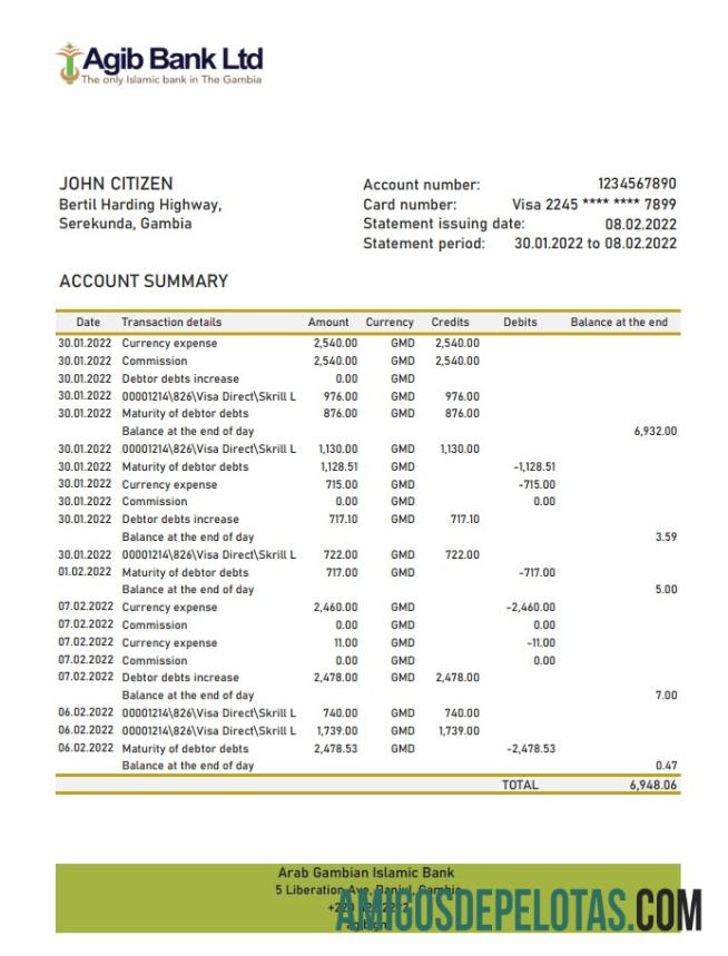 Gambia Arab Gambian Islamic extrato bancário amostra